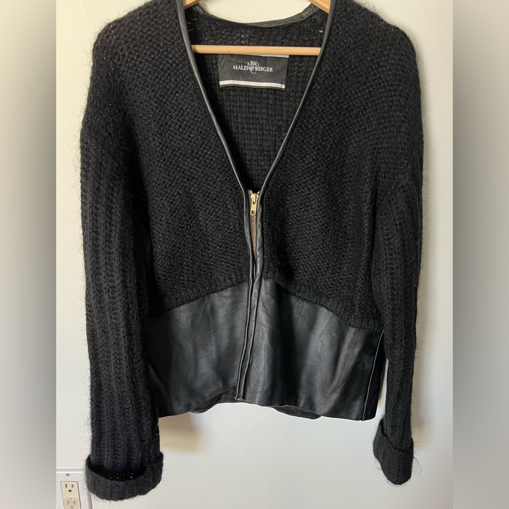 BY MALENE BIRGER black knit and faux leather cardigan